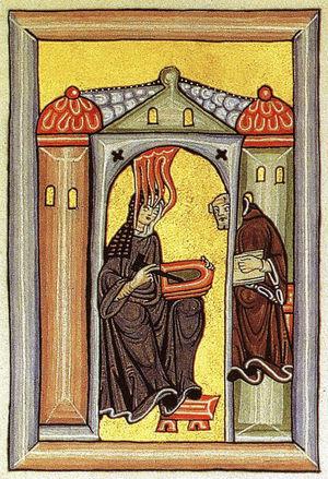 Hildegarda de Bingen dictando al monje Volmar bajo inspiración divina. Iluminación del libro SCIVIAS.