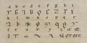 El alfabeto de Lingua ignota, la misteriosa lengua inventada por Hildegarda.