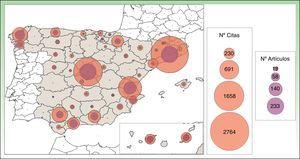 Mapa de producción científica en investigación clínica en dermatología según provincias españolas. El número de publicaciones y citas bibliográficas acumuladas se representa mediante círculos proporcionales concéntricos.