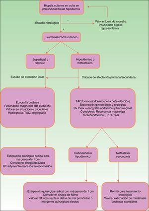 Algoritmo diagnóstico propuesto para la evaluación y manejo del leiomiosarcoma de piel.