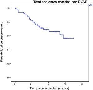 Análisis mediante curva de Kaplan-Meier de supervivencia de los pacientes sometidos a reparación endovascular de aneurisma de aorta.