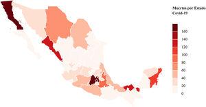 Distribución de decesos por COVID-19 en México por estado.
