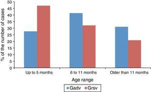 Distribution by age range of cases in the groups Gadv (n = 58) and Grsv (n = 134)a. Gadv, group associated with the exclusive detection of adenovirus, among the studied viruses; Grsv, group associated with the exclusive detection of respiratory syncytial virus among the studied viruses. a p = 0.040 at the chi-squared test.