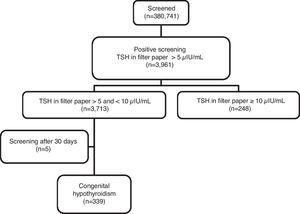 Flowchart of the screening for congenital hypothyroidism from April 2003 to September 2009.