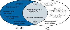 Cross-sectional diagram of MIS-C and KD symptoms. Blue section of the diagram indicates symptoms related only to MIS-C. Gray section refers to symptoms common to both MIS-C and KD. White section indicates symptoms related only to KD. MIS-C, multisystem inflammatory syndrome in children; KD, Kawasaki disease; GI, gastrointestinal.