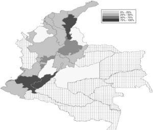Mapa de la distribución de tasas de reutilización de propofol en Colombia. Los cuadrados representan la ausencia de respuestas. Fuente: autores.