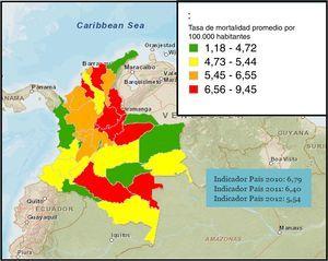 Tasa de mortalidad promedio por 100.000 habitantes en Colombia.