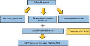 Algorithm for differential diagnosis between lupus nephritis flare and preeclampsia before 20 weeks. New onset or worsening of proteinuria and hypertensión before 20 weeks will almost probably represent a flare of lupus nefritis. *Angiogenic and antiangiogenic factors could be helpful to differentiate between a flare vs preeclampsia.