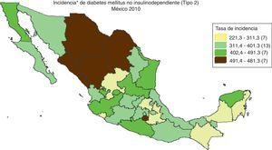 Incidencia* de diabetes tipo 2 en la República Mexicana 2010. *Tasa por 100,000 habitantes. Fuente: SUAVE/DGE/SALUD. SUIVE/INEGI 2010.
