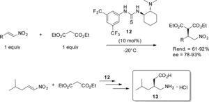 Adición de Michael enantioselectiva en ausencia de disolvente. Aplicación del organocatalizador 12 en la síntesis asimétrica del clorhidrato de la pregabalina (13).