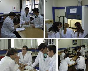 Estudiantes realizando experimentos en mesa de trabajo (a) o en campana de extracción (b). Participación de los docentes: guiando el análisis de los experimentos (c) o moderando una discusión de resultados (d).