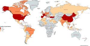 Mapa mundial que muestra la distribución de los residentes participantes en la encuesta alrededor del mundo.