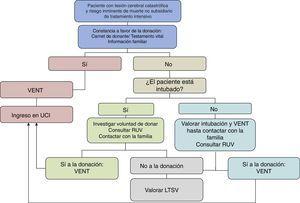 Toma de decisiones clínicas. LTSV: limitación tratamiento soporte vital; RUV: registro últimas voluntades; UCI: unidad de cuidados intensivos; VENT: ventilación electiva-no terapéutica.