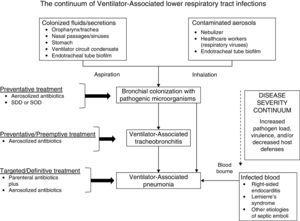 The continuum of ventilator-associated lower respiratory tract infections progressing from bronchial colonization to ventilator-associated tracheobronchitis and ventilator-associated pneumonia. Selective decontamination of the digestive tract (SDD) and selective oropharyngeal (the mouth and throat) decontamination (SOD) would only be recommended in locations with a low prevalence of colonization with multidrug-resistant bacteria.