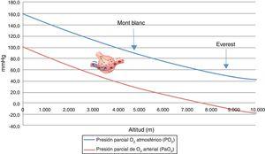Correlación entre altitud, presión parcial de oxígeno atmosférico (PO2) y presión parcial de oxígeno arterial (PaO2). PaO2: valores teóricos de la presión parcial de oxígeno arterial en exposición a hipoxia aguda (sin aclimatación).