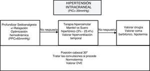 Manejo de la hipertensión intracraneal. DVE: drenaje ventricular externo; PIC: presión intracraneal; PPC: presión de perfusión cerebral.