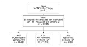 Telbivudina en pacientes HbeAg-negativo. ADN: ácido desoxirribonucleico; ALT: alanino aminotransferasa; PCR: reacción en cadena de la polimerasa; VHB: virus de la hepatitis B.