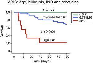 Prognostic stratification of patients with alcoholic hepatitis according to the ABIC (age, bilirubin, INR and creatinine) score.13