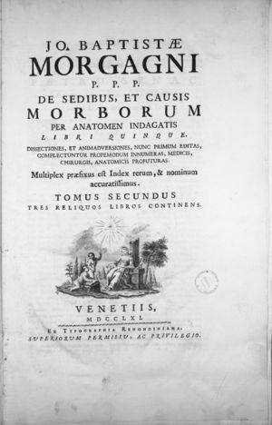 Portada del libro publicado por Giovanni Battista Morgagni en 1761 en donde describía la existencia de calcificaciones pancreáticas en algunas de las disecciones que realizó.