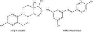 Comparación de las estructuras químicas del trans-resveratrol con el 17-β-estradiol.