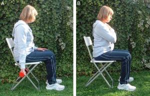 Test de flexión completa de brazo (A) y de sentarse y levantarse de una silla (B).