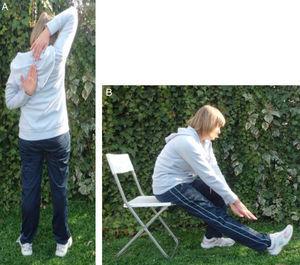 Test de juntar las manos tras la espalda (A) y de flexión del tronco en silla (B).