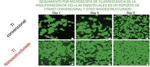 Comparación del crecimiento de células endoteliales en soportes convencional y nanoestructurado. Fuente: Adaptado de Zhang y Webster33 con permiso de Elsevier Ltd., 2008.