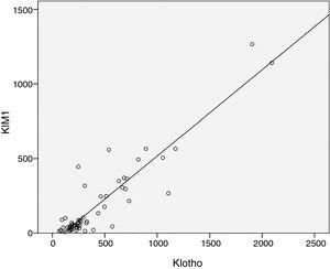 Correlation between s-Klotho (Klotho) and serum Kidney injury molecule-1 (KIM-1).