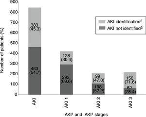 AKI identification at discharge according to KDIGO stages. 1AKI, acute kidney injury. 2AKI identification: percentage of AKI episode present and detected by DETECT-H software and documented by clinicians. 3AKI not identified: percentage of AKI episode present and detected by DETECT-H software but not documented by clinicians.