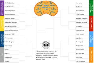 NephMadness 2019 brackets. NephMadness is an online initiative that leverages the tools of social media to teach about the latest and greatest breakthroughs in the field of nephrology based on the premise of the “March Madness” basketball tournament. 32 nephrology concepts are divided into eight main topics (regions) with four subtopics (teams), where the participant decides which topic is more relevant in each direct matchup.70