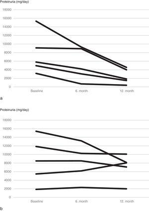 Proteinuria course of the individual patients for 12 months. (a) Patients with baseline glomerular filtration rate ≥60mL/min. (b) Patients with baseline glomerular filtration rate<60mL/min).