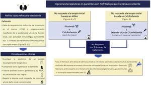 Recomendaciones y opciones terapéuticas en nefritis lúpica refractaria LES: lupus eritematoso sistémico; MPAA: análogos del ácido micofenólico.