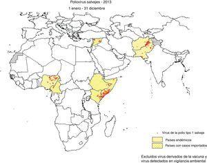 Mapa de distribución de los poliovirus en 2013 (World Health Organization).