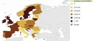 Incidencia de la enfermedad meningocócica en Europa en 2012. Datos del European Centre for Disease Prevention and Control 12.