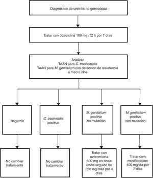 Ejemplo de algoritmo diagnóstico para el manejo de la uretritis no gonocócica incluyendo el tratamiento dirigido de M. genitalium según susceptibilidad a macrólidos. Adaptado de Australian STI Management guidelines.52.