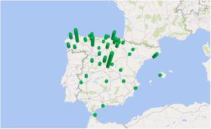 Mapa cuya altura de cilindros representa el número de casos por provincias de residencia de los pacientes con fascioliasis ingresados en España desde 1997 a 2014.