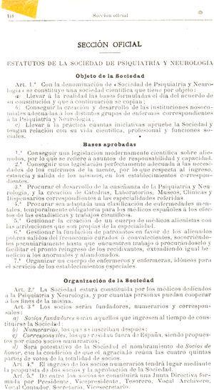 Primera página de los estatutos de la pionera Sociedad de Psiquiatría y Neurología de Barcelona, publicados en 1911 en la Gaceta Médica Catalana (p. 118-119)16.
