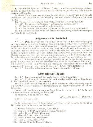 Segunda página de los estatutos de la Sociedad de Psiquiatría y Neurología de Barcelona, publicados en 1911 en la Gaceta Médica Catalana (p. 118-119)16.