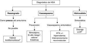 Algoritmo de tratamiento de la HSA aneurismática. 1) Gran cantidad de sangre inicial, severidad clínica; 2) LCR: líquido cefalorraquídeo; 3) Utilizar transitoriamente (3 días) y solo si no hay vasoespasmo.