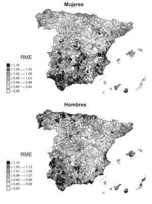Distribución geográfica del riesgo relativo de mortalidad no evitable por sexo. España, 1990-2001. RME: razón de mortalidad estandarizada.