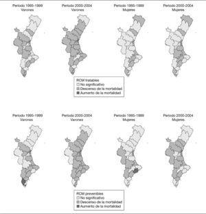 Evolución temporal de la mortalidad tratable y prevenible en cada Departamento de Salud de la Comunidad Valenciana por sexo. Períodos 1995-1999 y 2000-2004 (período de referencia: 1990-1994).