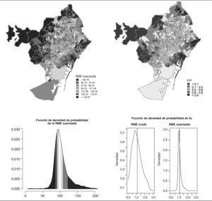 Cáncer de tráquea, de bronquios y de pulmón en hombres en la ciudad de Barcelona (1996-2003). Razón de mortalidad estandarizada (RME) suavizada y probabilidad a posteriori (PrP).