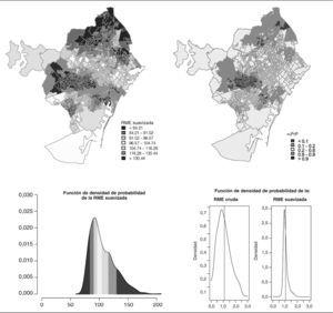 Cáncer de tráquea, bronquios y pulmón en mujeres (1996-2003). Razón de mortalidad estandarizada (RME) suavizada y probabilidad a posteriori (PrP).