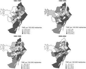 Distribución de las áreas básicas de salud según cuartiles de las tasas de mortalidad específicas (TME) en mujeres de 40 a 59 años (Barcelona, 1983–2004).