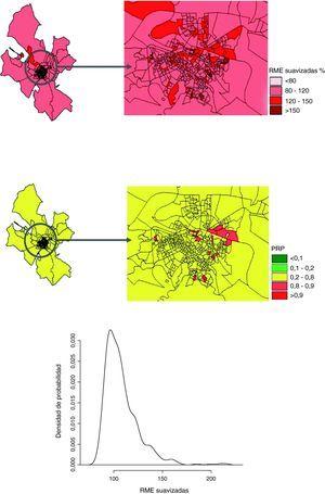 Razones de mortalidad estandarizadas (RME) suavizadas, probabilidades a posteriori (PRP) y densidad de probabilidad para el municipio de Zaragoza, y detalle del núcleo urbano.