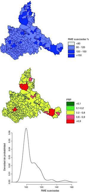 Razones de mortalidad estandarizadas (RME) suavizadas, probabilidades a posteriori (PRP) y densidad de probabilidad para la provincia de Zaragoza.