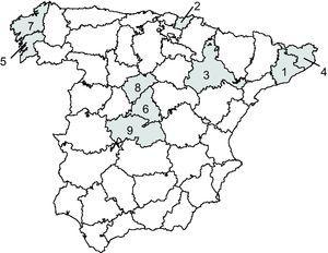 Geographical location and size of samples comprising the Spanish Epidemiological Survey on Aging. 1) El Prat de Llobregat (Barcelona), n = 59. 2) Irún-Hondarribia (Guipúzcoa), n = 57. 3) Zaragoza, n = 31. 4) Gerona, n = 75. 5) Isla de Arosa (Pontevedra), n = 53. 6) Getafe (Madrid), n = 98. 7) Santiago de Compostela (La Coruña), n = 33. 8) Cantalejo (Segovia), n = 24. 9) Toledo, n = 73. With permission from Acta Neurologica Scandinavica.