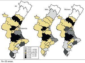 Standardized surgery ratios of carpal tunnel release surgery by areas (Valencia Community, Spain, 2006).