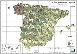 Mapa de exposición al radón residencial de España. Fuente: Consejo de Seguridad Nuclear. Cada cuadrícula corresponde a una superficie de 10km2. Se incluyen 8256 mediciones.