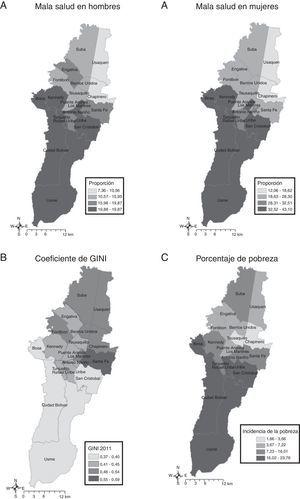 Distribución geográfica de la prevalencia de percepción de mala salud, coeficiente de GINI y porcentaje de pobreza en las localidades de Bogotá (Colombia), 2011.